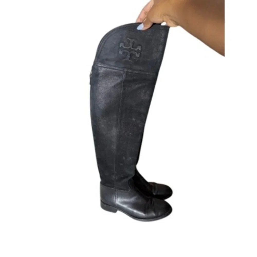 Tory Burch Black Leather Over the Knee Riding Boots Embossed Logo 5M 129114